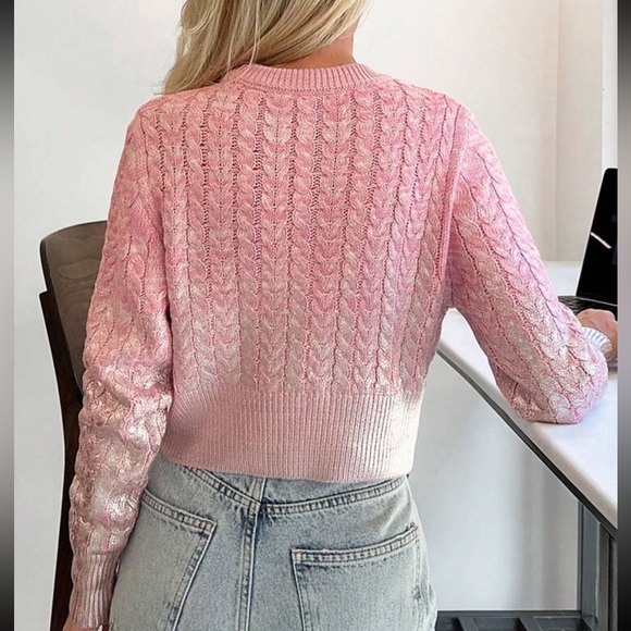 Cozy Foil Round Neck Cable Knitted Pullover Long Sleeve Pink Silver Sweater Top - Picture 2 of 6